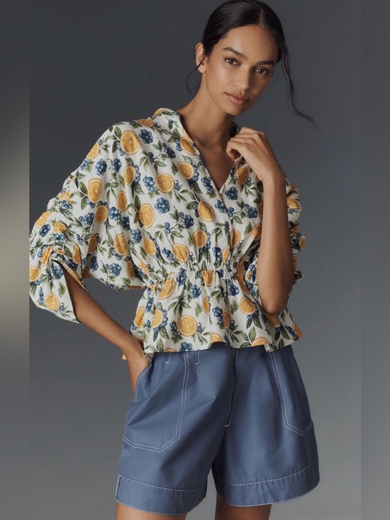 Anthropologie Tops - Maeve Citrus & Blueberry Print Peplum Blouse Size Medium